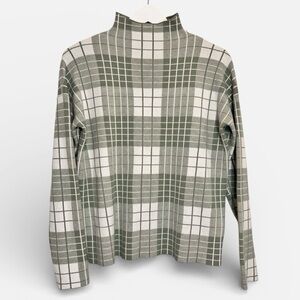 Tahari Mock Neck Sweater Green and White Plaid Medium